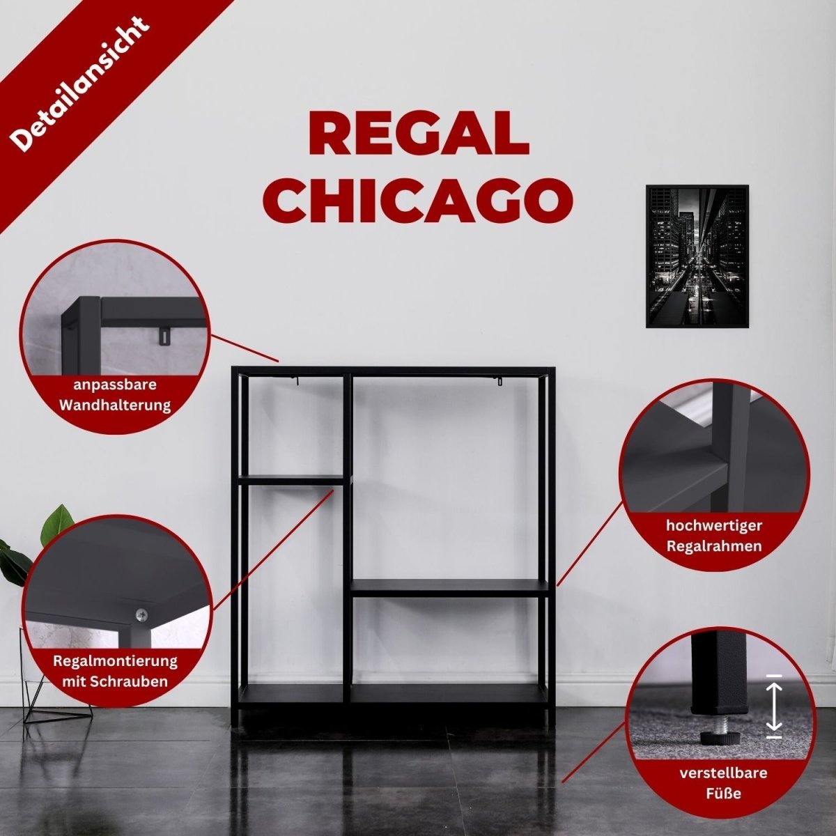Coemo Regal Chicago Raumteiler aus Metall mit 4 Ablageflächen - Mein-Regal.de
