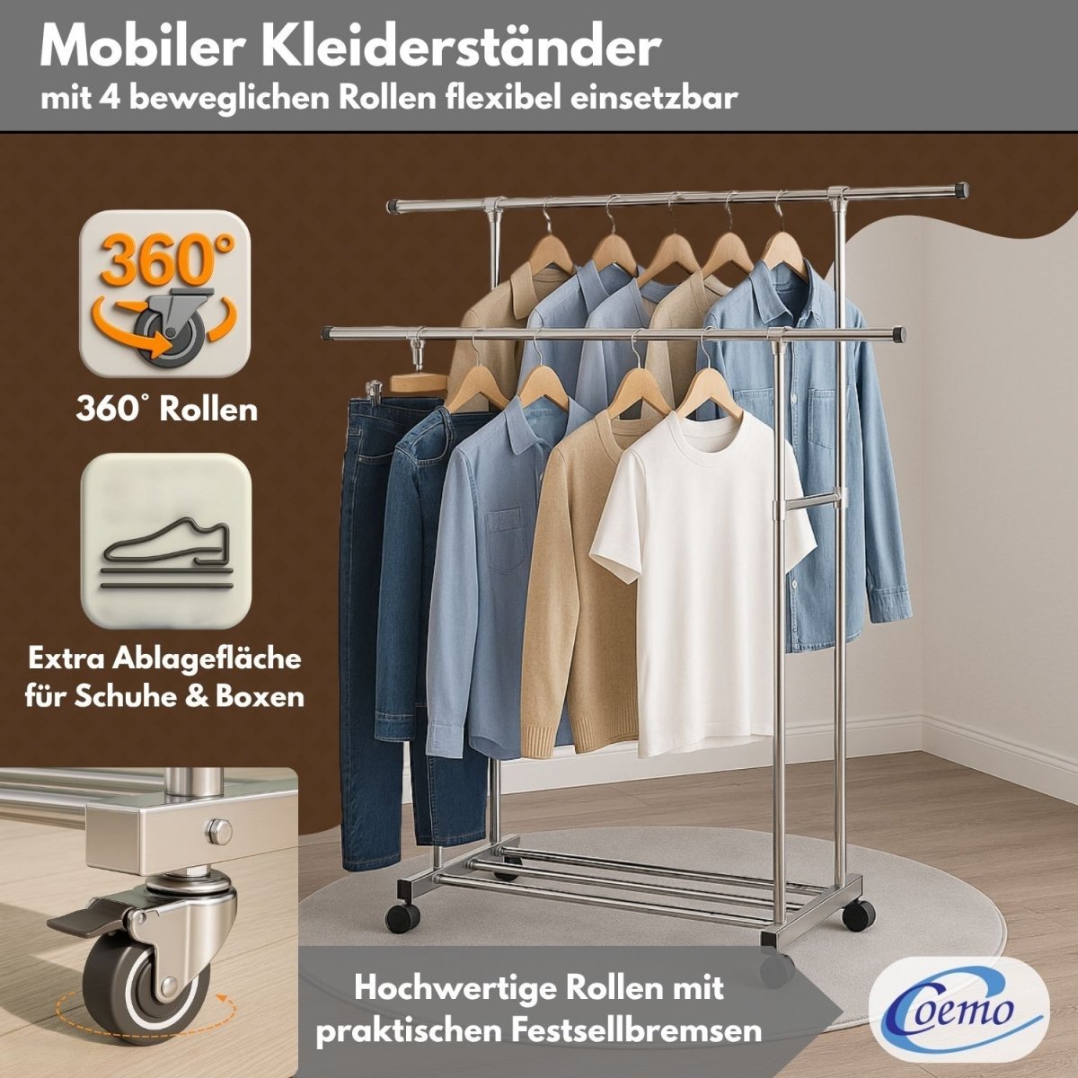 Coemo Rollbarer Kleiderständer – 160 x 42 x 162 cm, mit 2 ausziehbaren Stangen, 4 Rollen - Mein - Regal.de