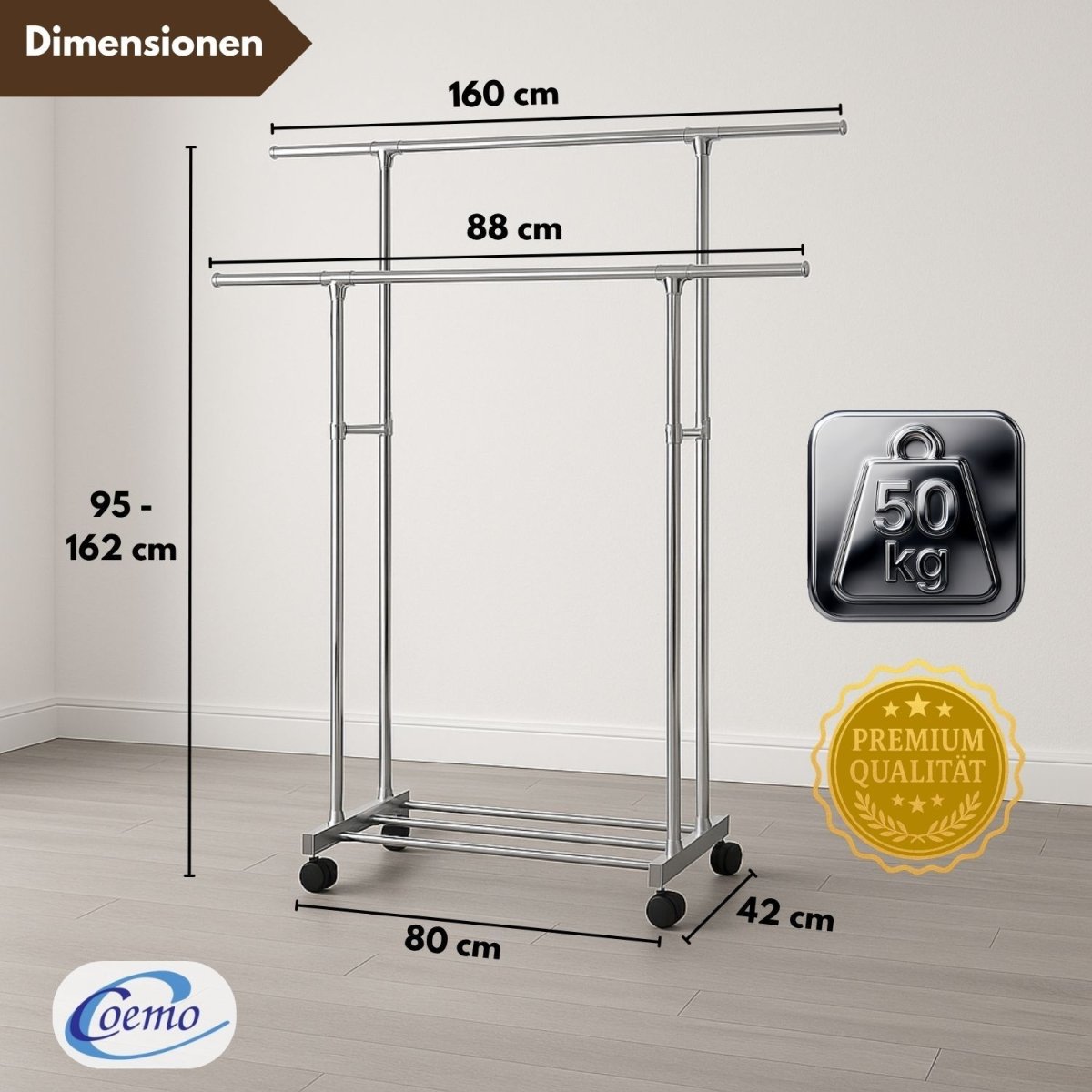 Coemo Rollbarer Kleiderständer – 160 x 42 x 162 cm, mit 2 ausziehbaren Stangen, 4 Rollen - Mein - Regal.de