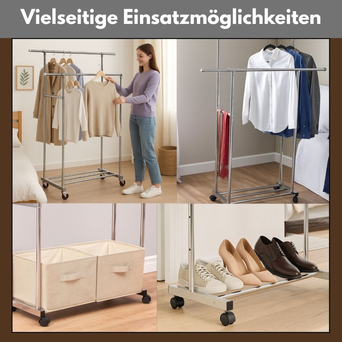 Coemo Rollbarer Kleiderständer – 160 x 42 x 162 cm, mit 2 ausziehbaren Stangen, 4 Rollen - Mein - Regal.de