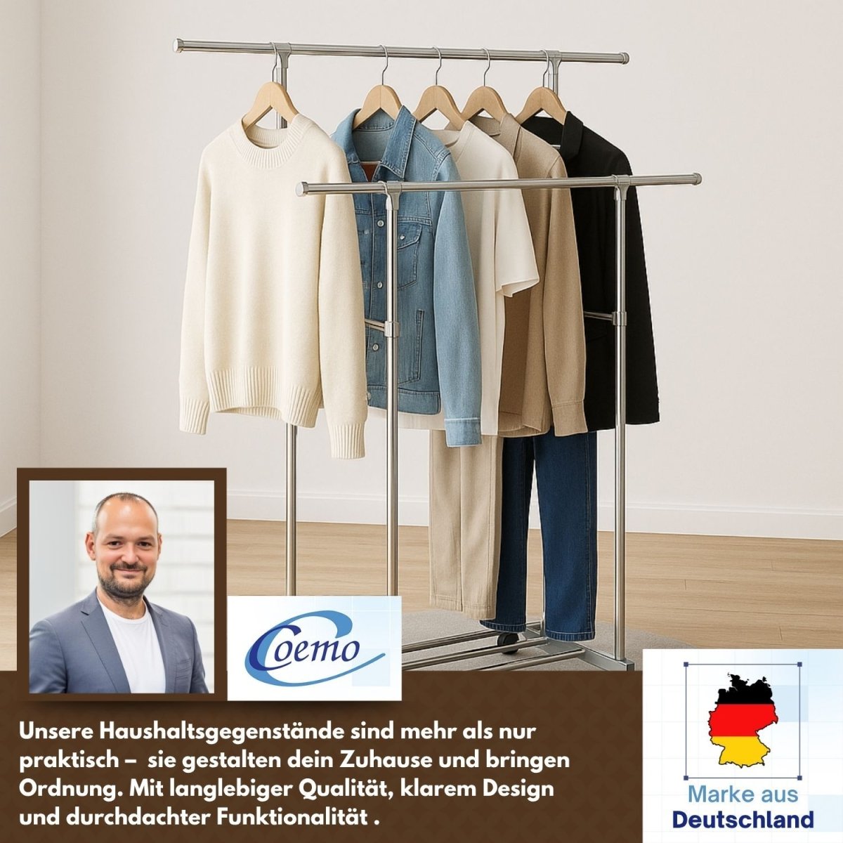 Coemo Rollbarer Kleiderständer – 160 x 42 x 162 cm, mit 2 ausziehbaren Stangen, 4 Rollen - Mein - Regal.de
