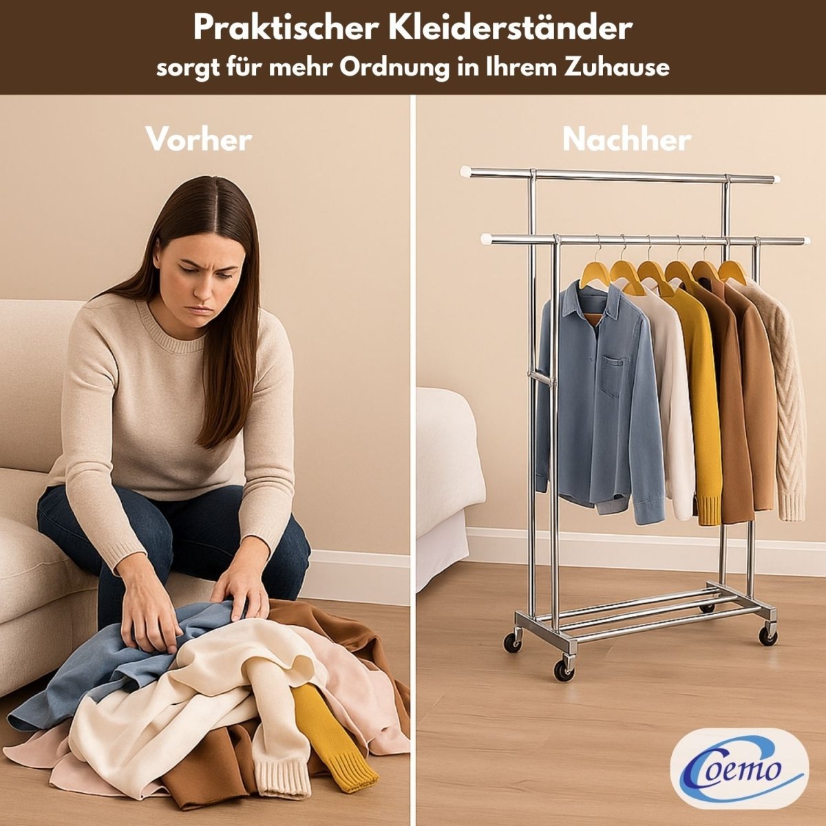 Coemo Rollbarer Kleiderständer – 160 x 42 x 162 cm, mit 2 ausziehbaren Stangen, 4 Rollen - Mein - Regal.de