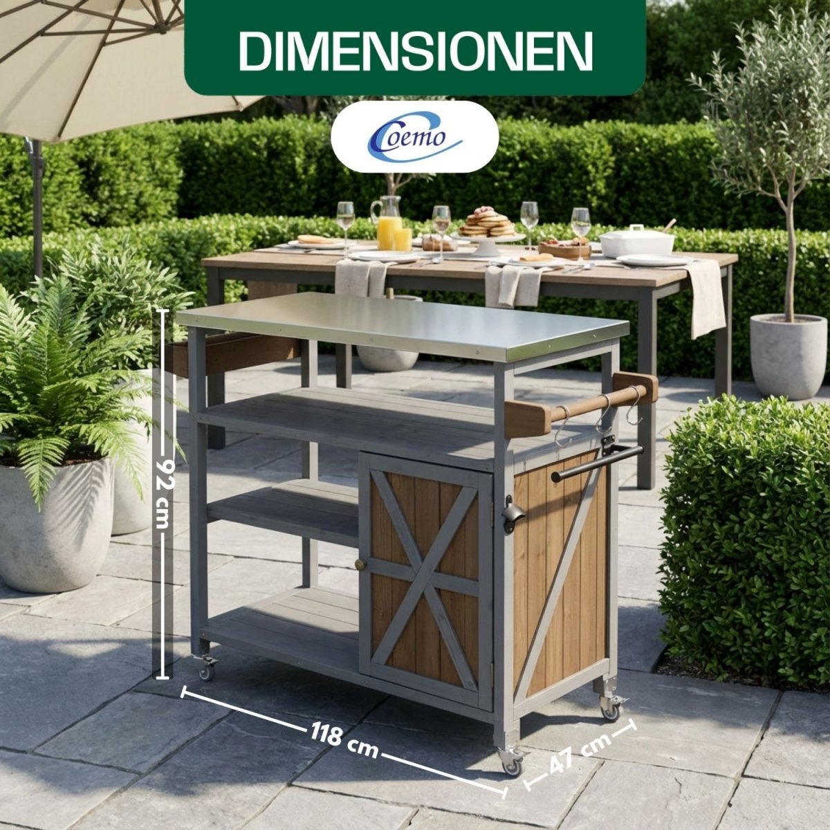 Coemo Servierwagen James aus Holz Kücheninsel/ - wagen Tischplatte Edelstahl und Rollen - Mein - Regal.de