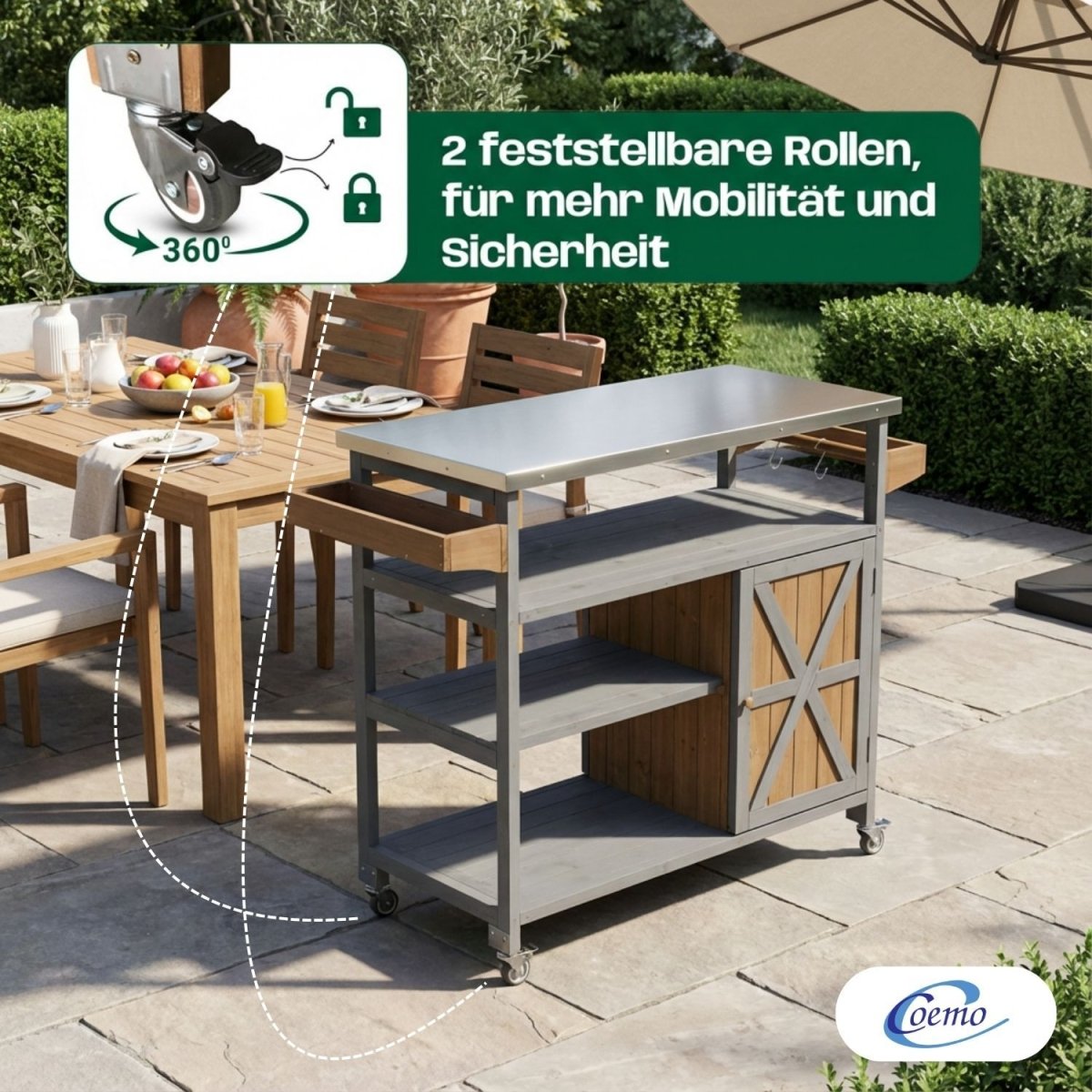 Coemo Servierwagen James aus Holz Kücheninsel/ - wagen Tischplatte Edelstahl und Rollen - Mein - Regal.de