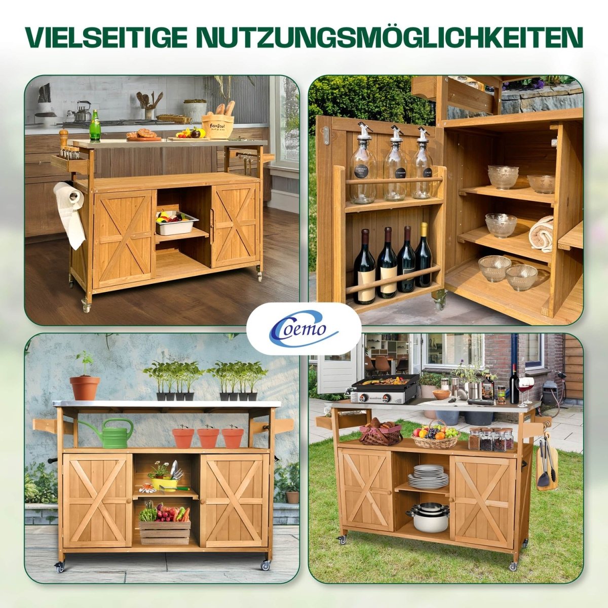 Coemo Servierwagen James aus Holz Kücheninsel/-wagen Tischplatte Edelstahl und Rollen