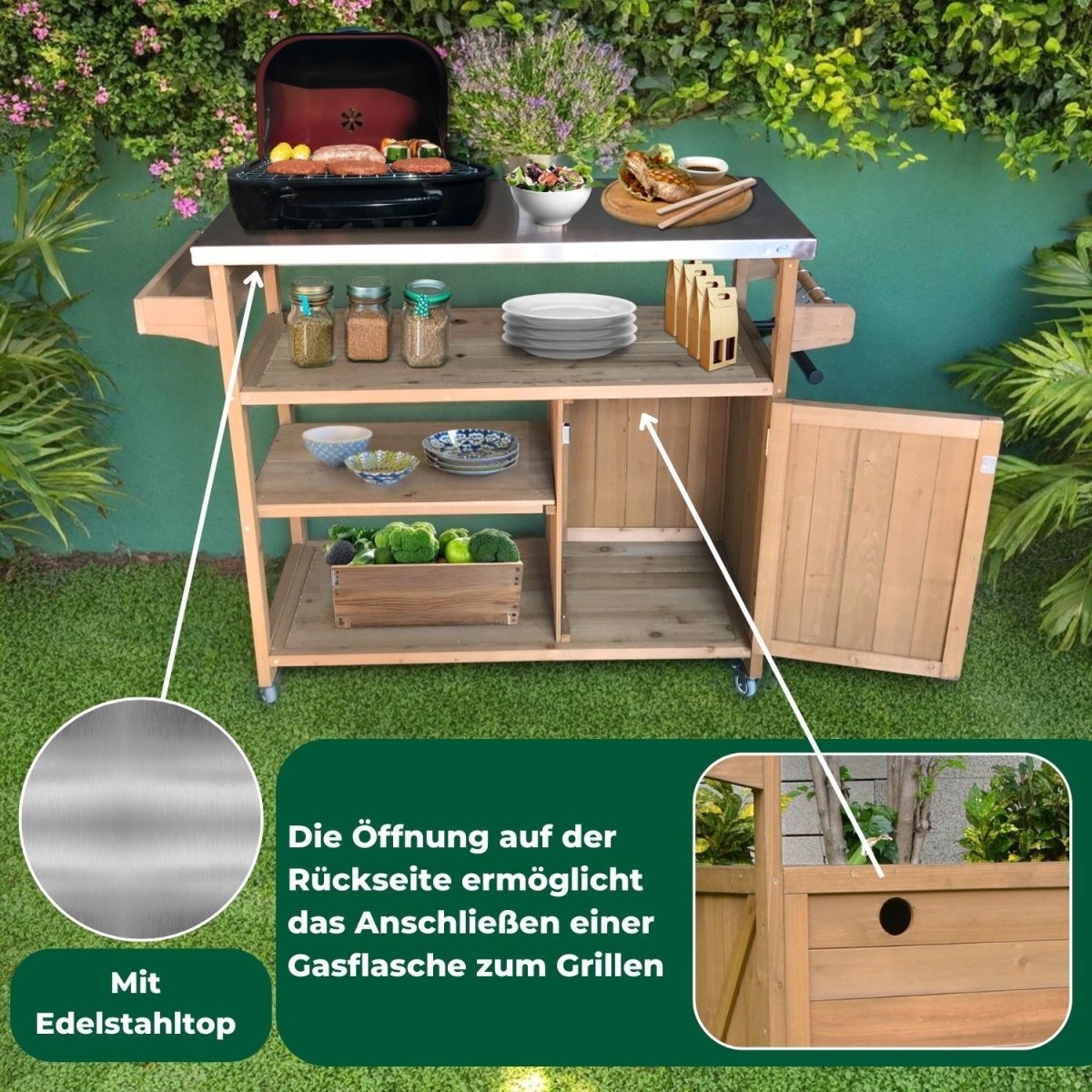 Coemo Servierwagen James aus Holz Kücheninsel/-wagen Tischplatte Edelstahl und Rollen