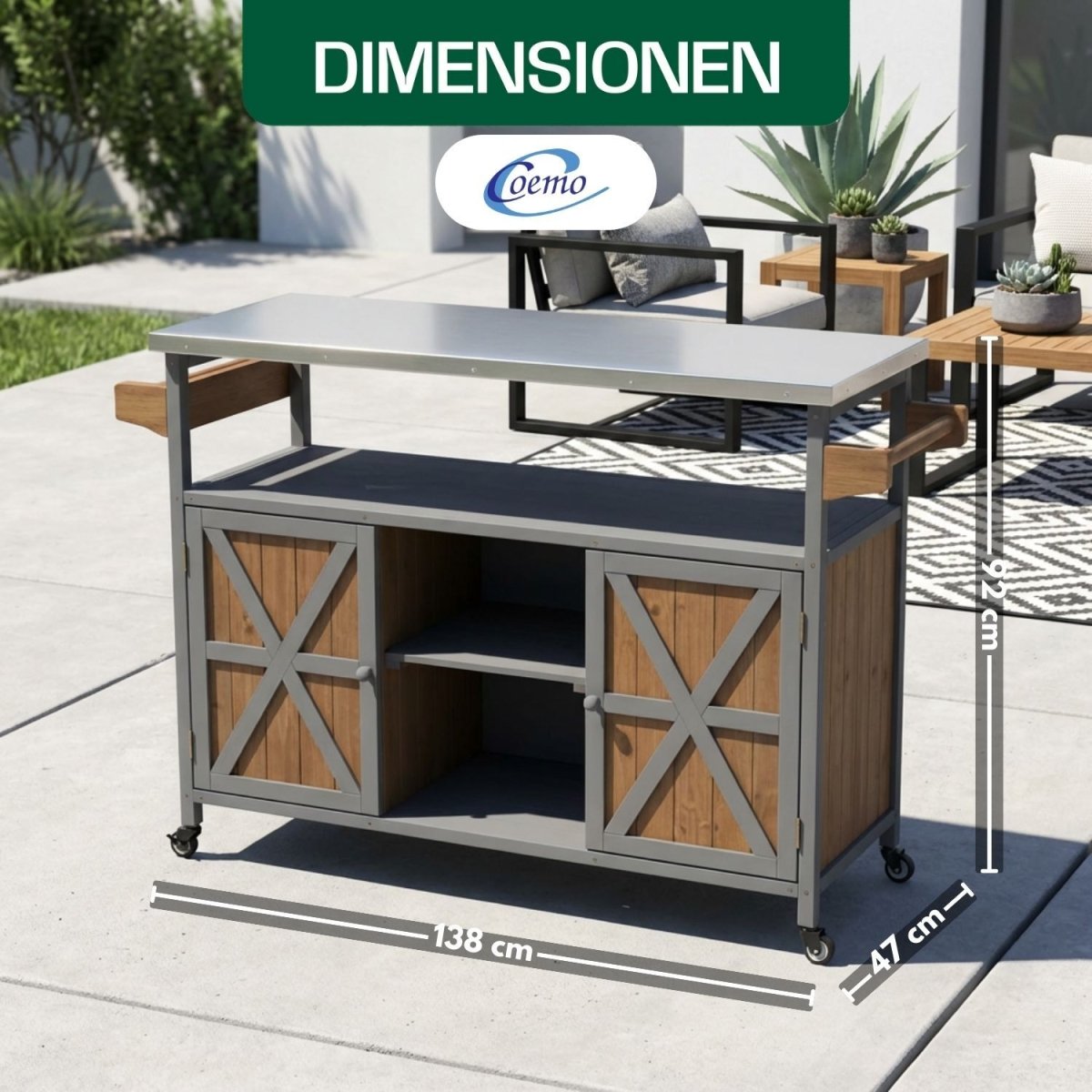 Coemo Servierwagen James aus Holz Kücheninsel/ - wagen Tischplatte Edelstahl und Rollen - Mein - Regal.de