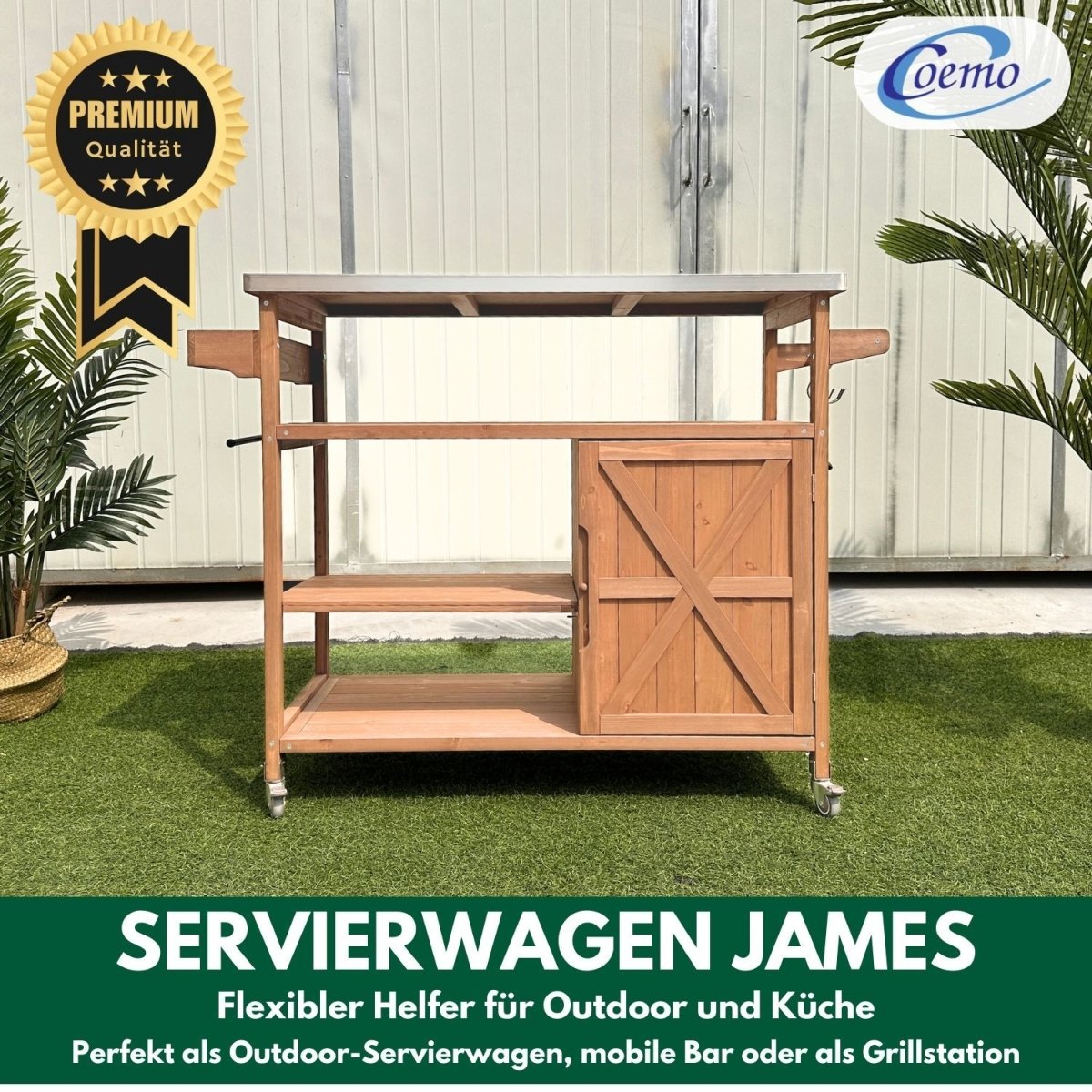 Coemo Servierwagen James aus Holz Kücheninsel/ - wagen Tischplatte Edelstahl und Rollen - Mein - Regal.de