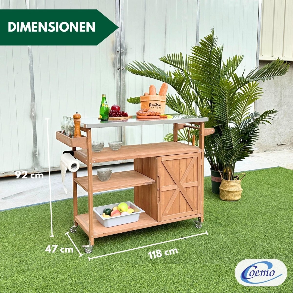 Coemo Servierwagen James aus Holz Kücheninsel/-wagen Tischplatte Edelstahl und Rollen