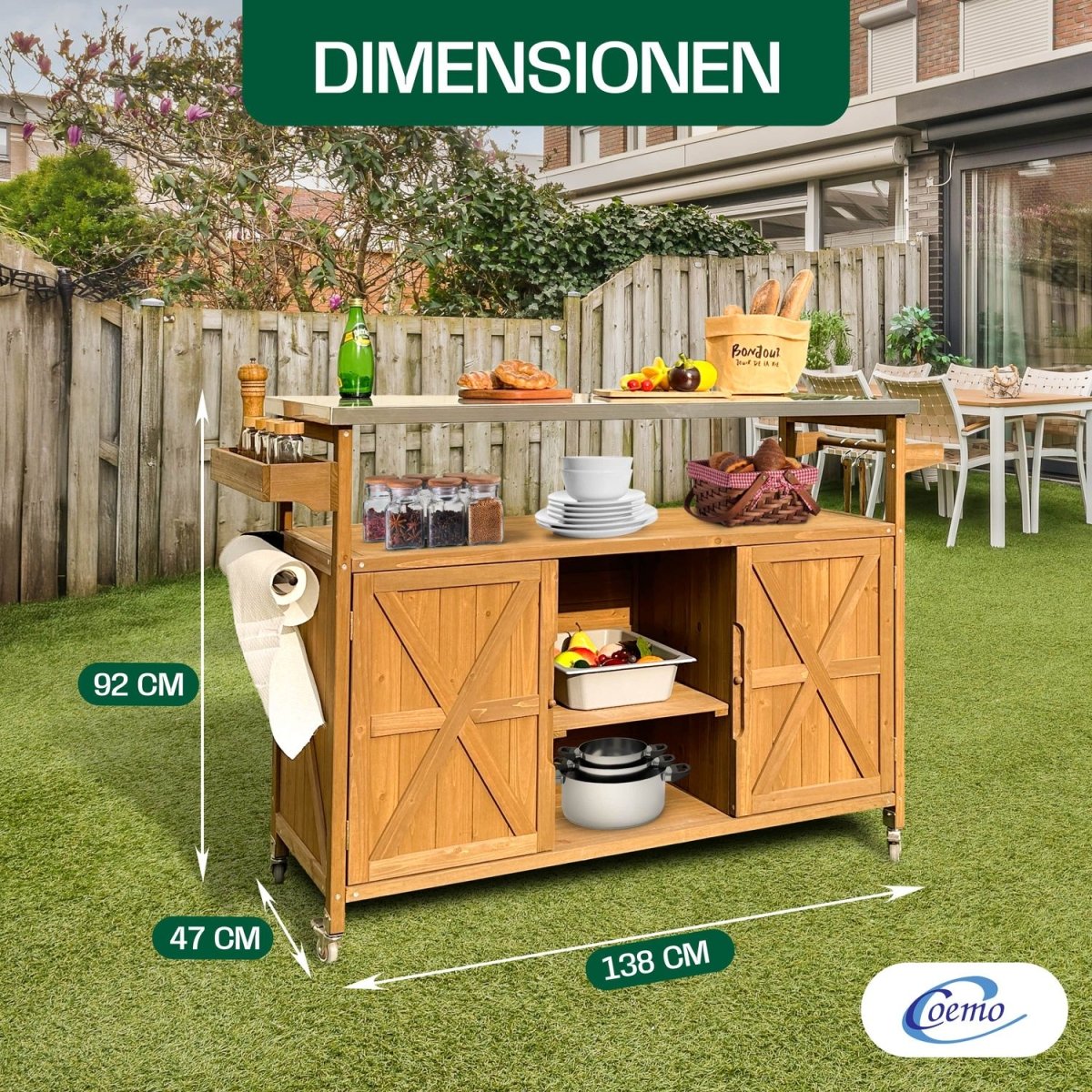 Coemo Servierwagen James aus Holz Kücheninsel/-wagen Tischplatte Edelstahl und Rollen