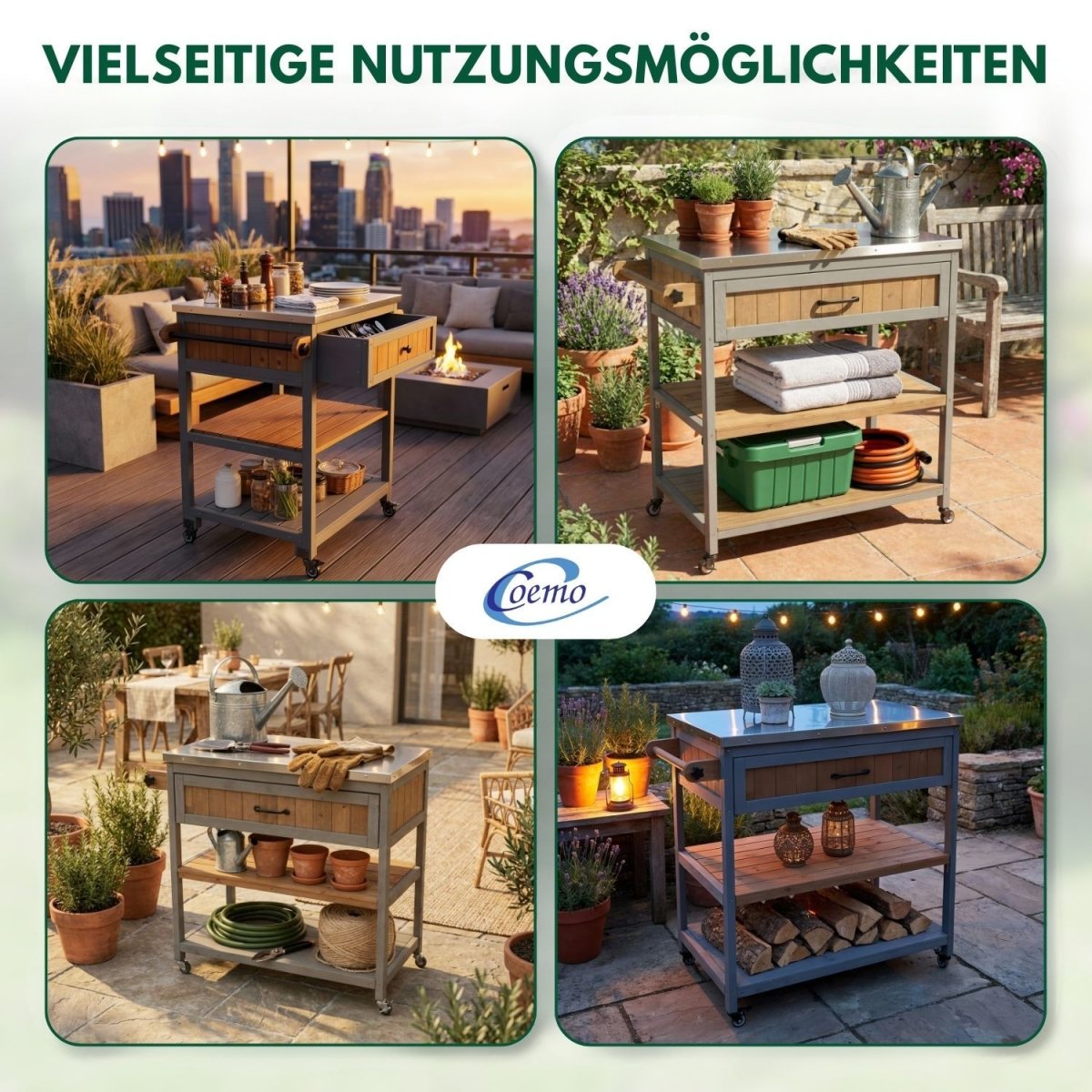 Coemo Servierwagen James aus Holz Kücheninsel/ - wagen Tischplatte Edelstahl und Rollen - Mein - Regal.de