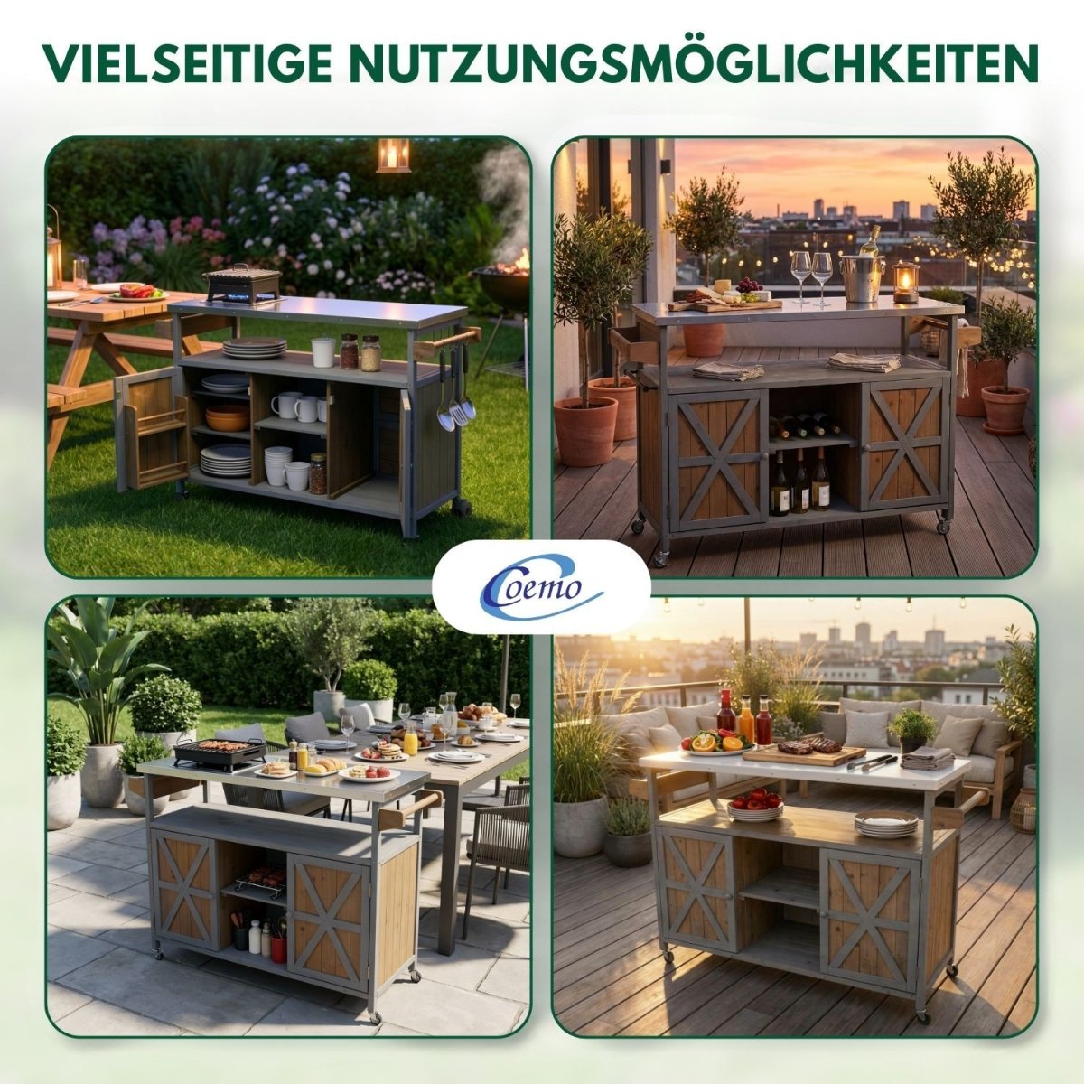 Coemo Servierwagen James aus Holz Kücheninsel/ - wagen Tischplatte Edelstahl und Rollen - Mein - Regal.de