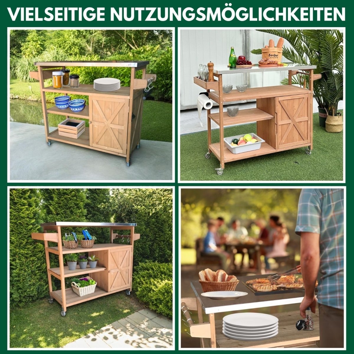 Coemo Servierwagen James aus Holz Kücheninsel/-wagen Tischplatte Edelstahl und Rollen