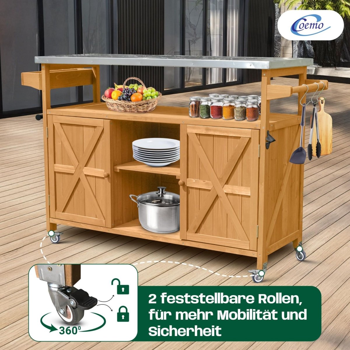 Coemo Servierwagen James aus Holz Kücheninsel/-wagen Tischplatte Edelstahl und Rollen