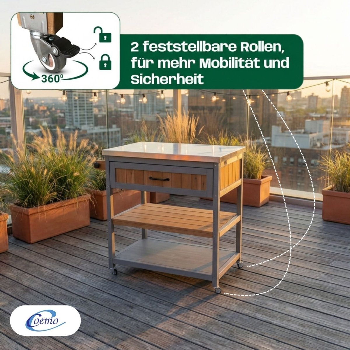 Coemo Servierwagen James aus Holz Kücheninsel/ - wagen Tischplatte Edelstahl und Rollen - Mein - Regal.de