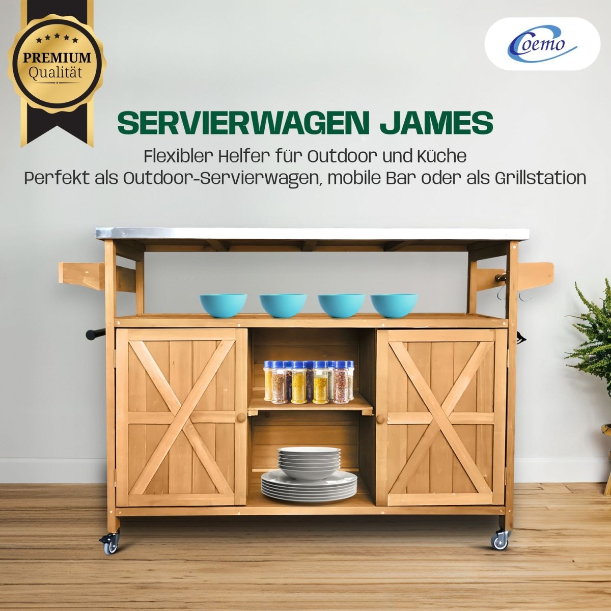 Coemo Servierwagen James aus Holz Kücheninsel/-wagen Tischplatte Edelstahl und Rollen