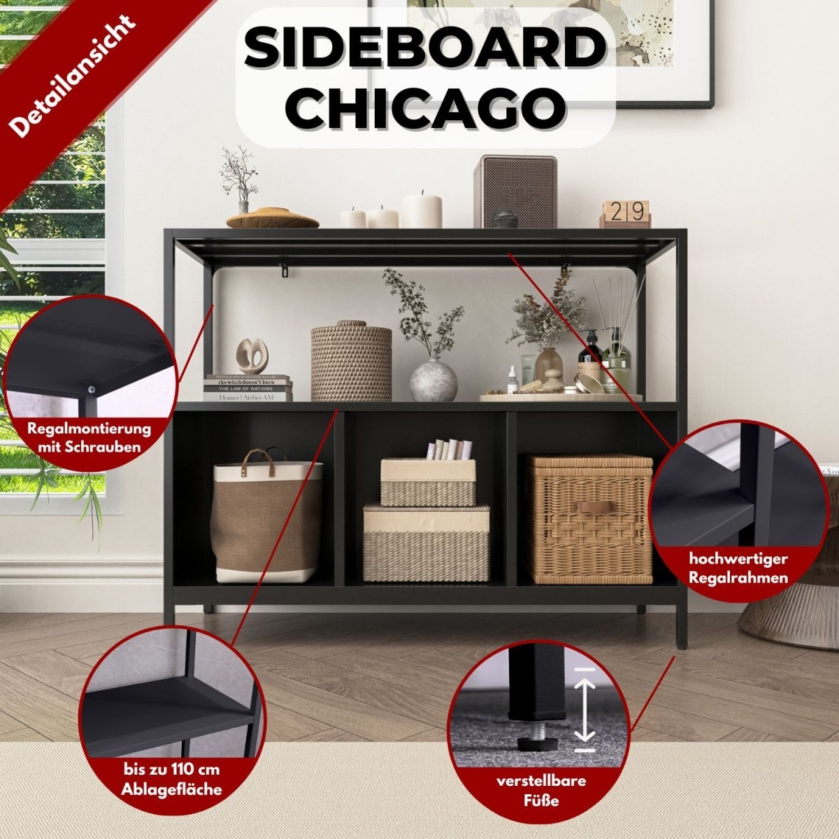 Coemo Sideboard Chicago mit 3 kleinen Fächern und 1 großem Regalfach