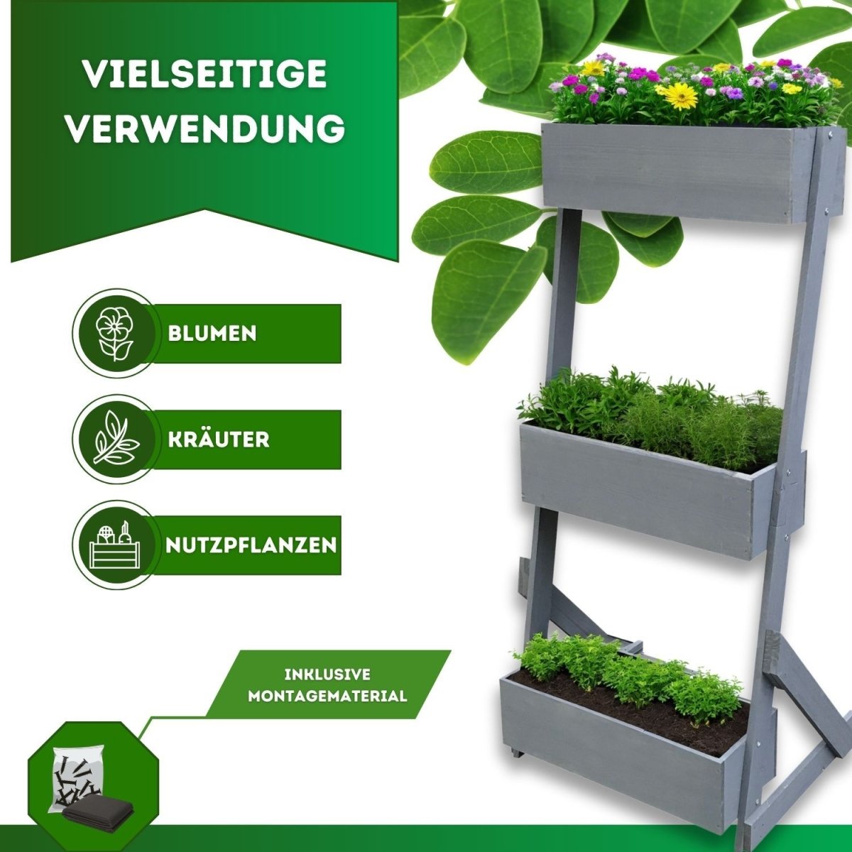 Coemo Vertikalbeet Petra aus Holz Hochbeet 3 Etagen Kästen höhenverstellbar und neigbar - Mein - Regal.de