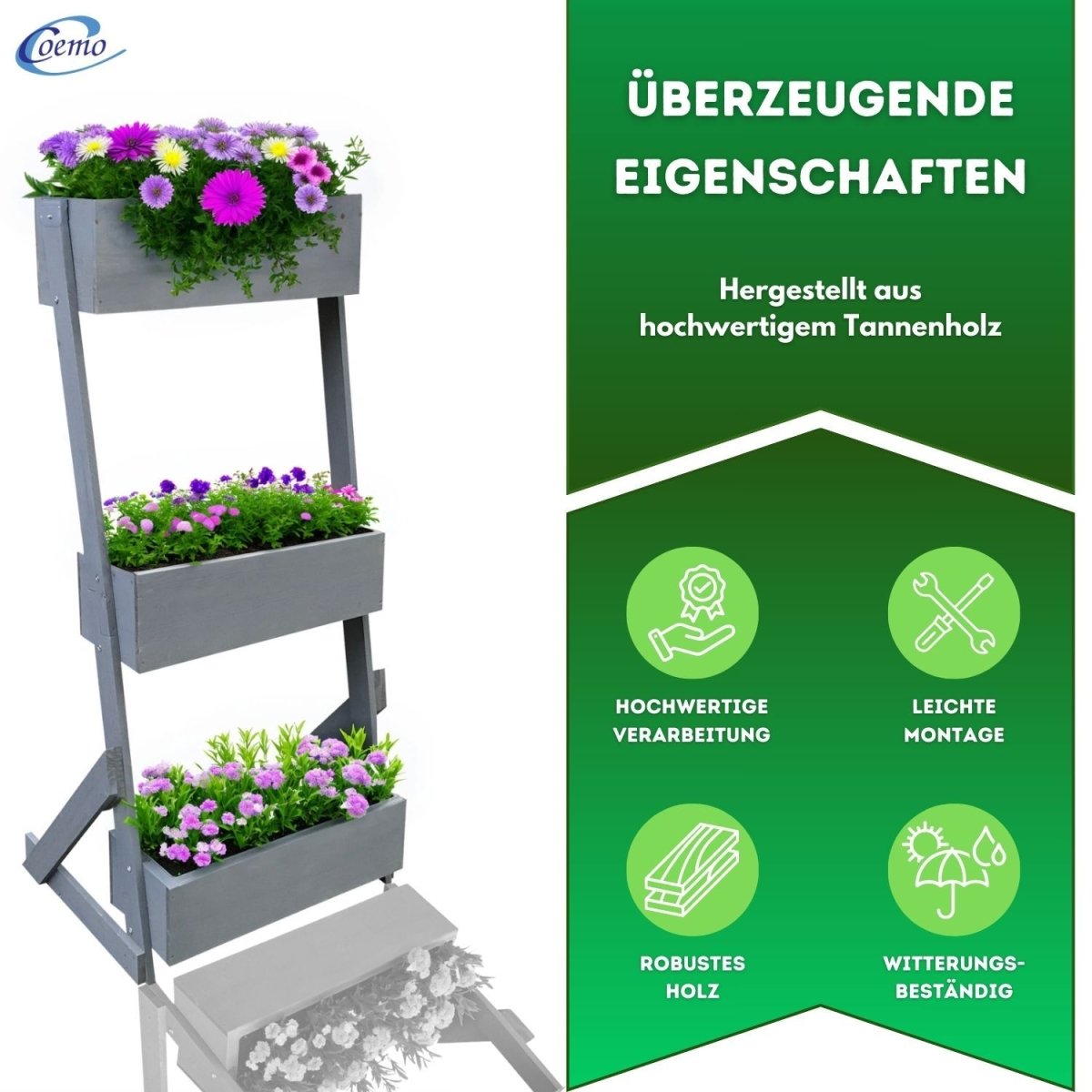 Coemo Vertikalbeet Petra aus Holz Hochbeet 3 Etagen Kästen höhenverstellbar und neigbar - Mein - Regal.de