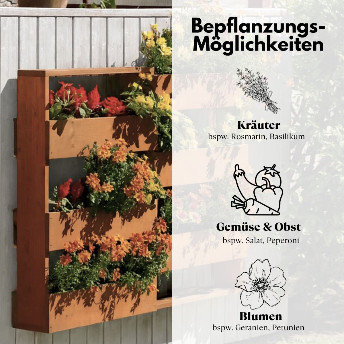Coemo Vertikalbeet Riga Kräuterbeet Holz 6 Pflanzkästen Wandmontage
