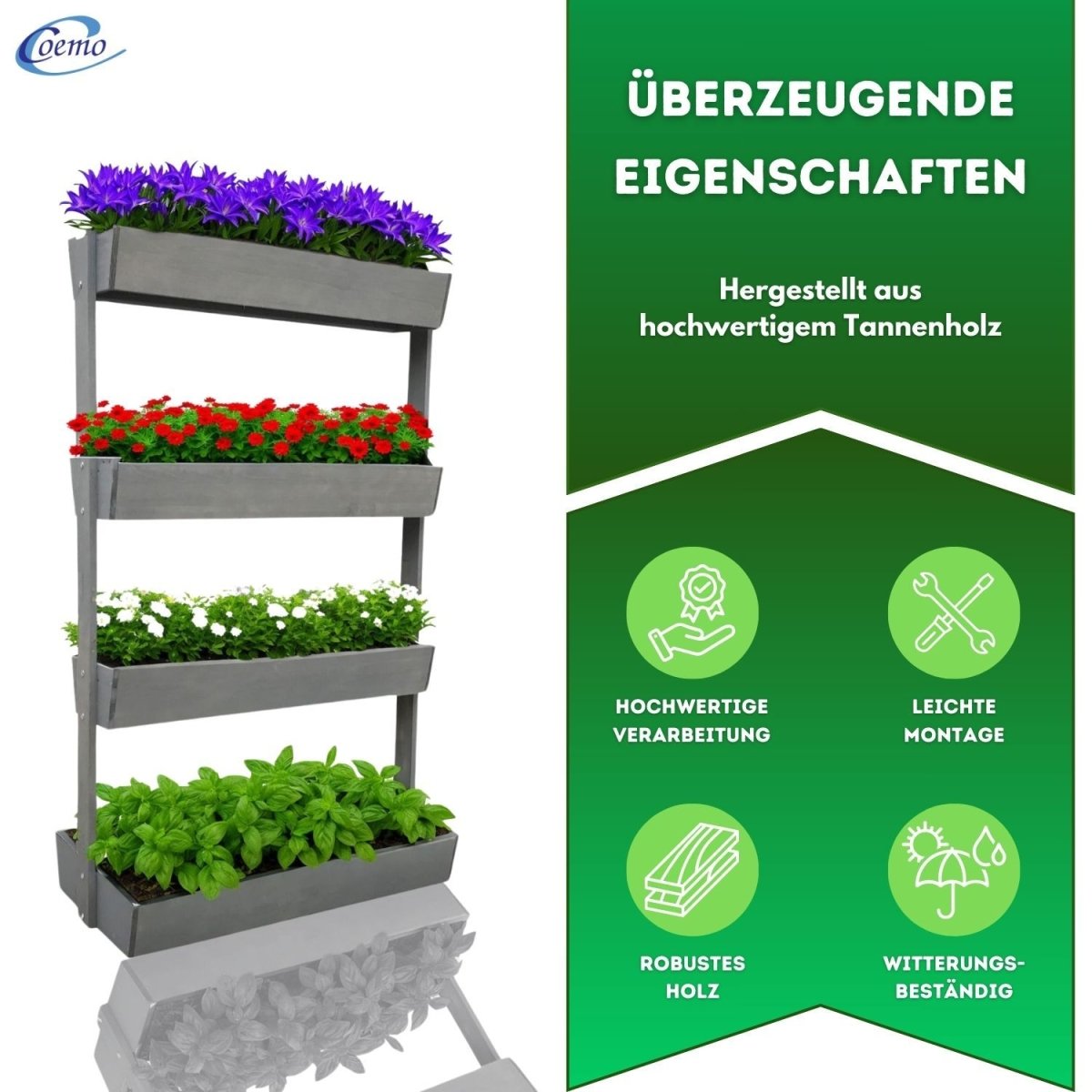 Coemo Vertikalbeet Vera aus Holz Hochbeet 4 Etagen Kästen höhenverstellbar und neigbar - Mein - Regal.de