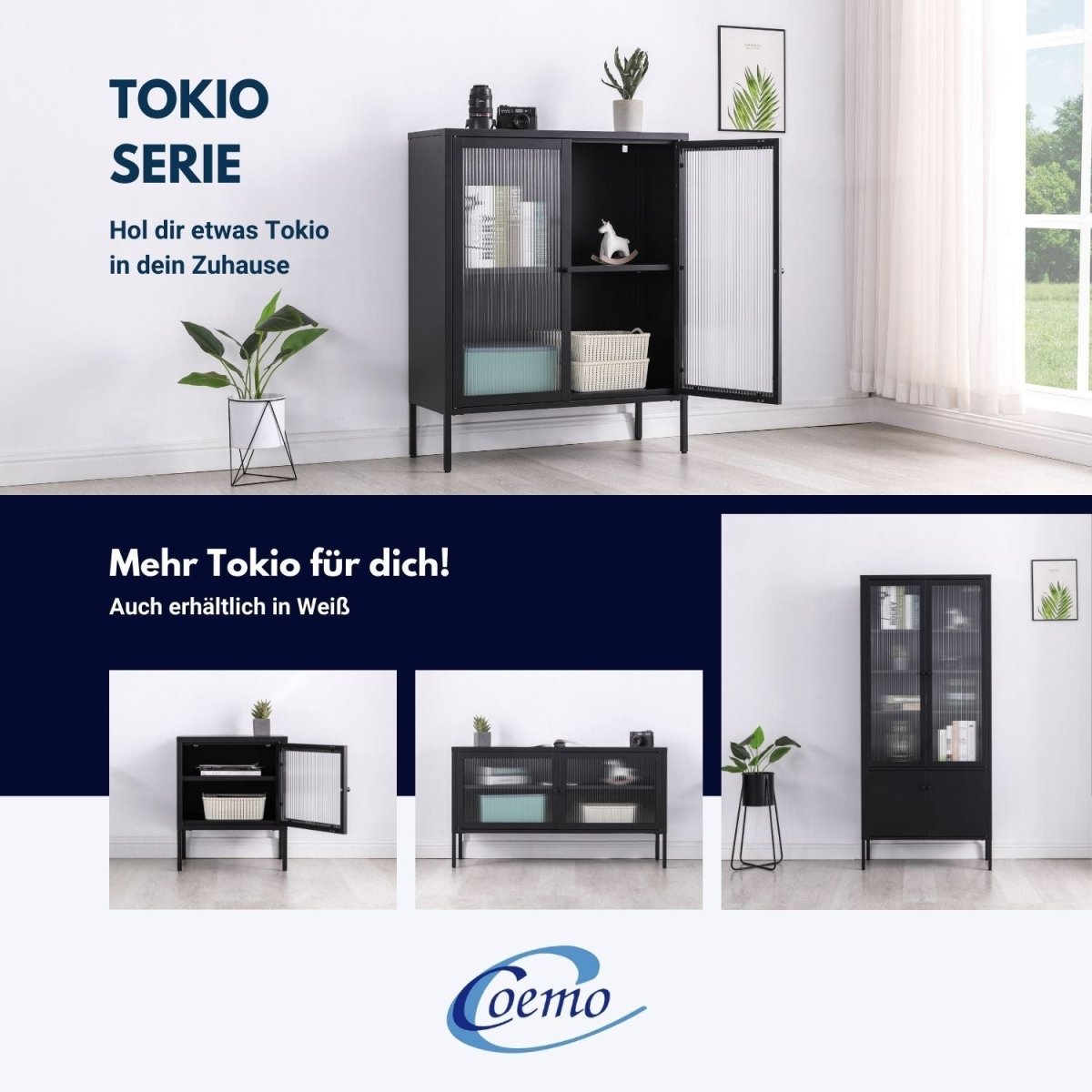 Metallmöbel Serie Tokio in Schwarz. Obere Hälfte des Bildes ist ein Highboard. Daneben im Raum steht eine Zimmerpflanze. Untere Hälfte des Bildes zeigt drei weitere Möbelstücke der Tokio Serie in Schwarz