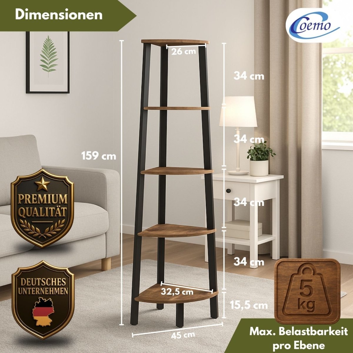 Mein - Regal 3 - seitiges Eckregal Vintage Metallregal mit 5 Holz Regalböden - Mein - Regal.de