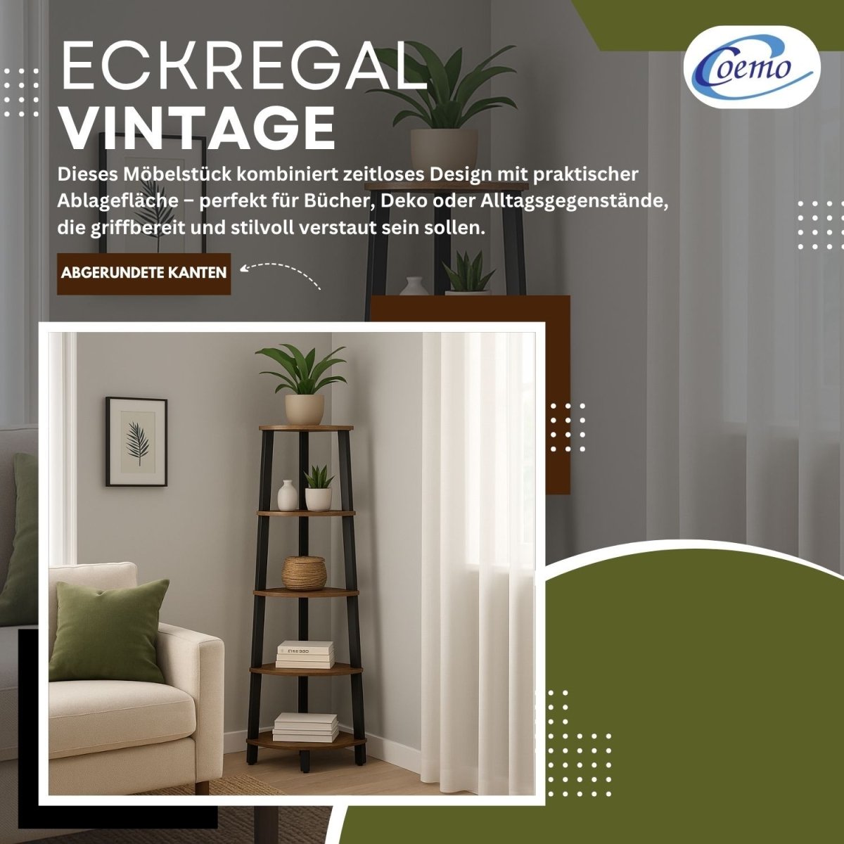Mein - Regal 3 - seitiges Eckregal Vintage Metallregal mit 5 Holz Regalböden - Mein - Regal.de