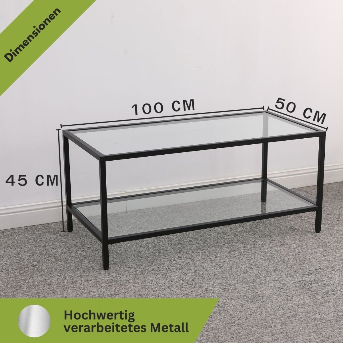 Mein-Regal Couchtisch Glasgow aus Metall mit Glasoberfläche und Ablagefach - Mein-Regal.de
