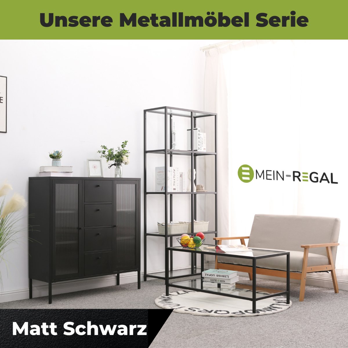 Mein-Regal Couchtisch Glasgow aus Metall mit Glasoberfläche und Ablagefach - Mein-Regal.de