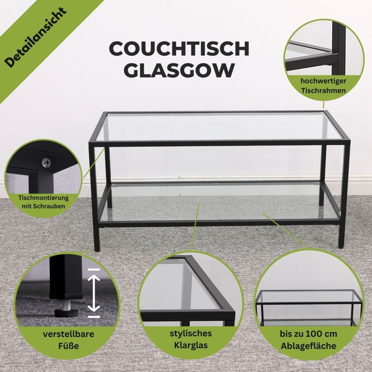 Mein-Regal Couchtisch Glasgow aus Metall mit Glasoberfläche und Ablagefach - Mein-Regal.de