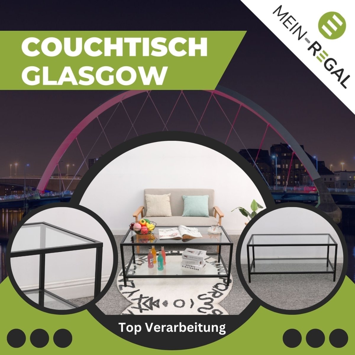 Mein-Regal Couchtisch Glasgow aus Metall mit Glasoberfläche und Ablagefach - Mein-Regal.de