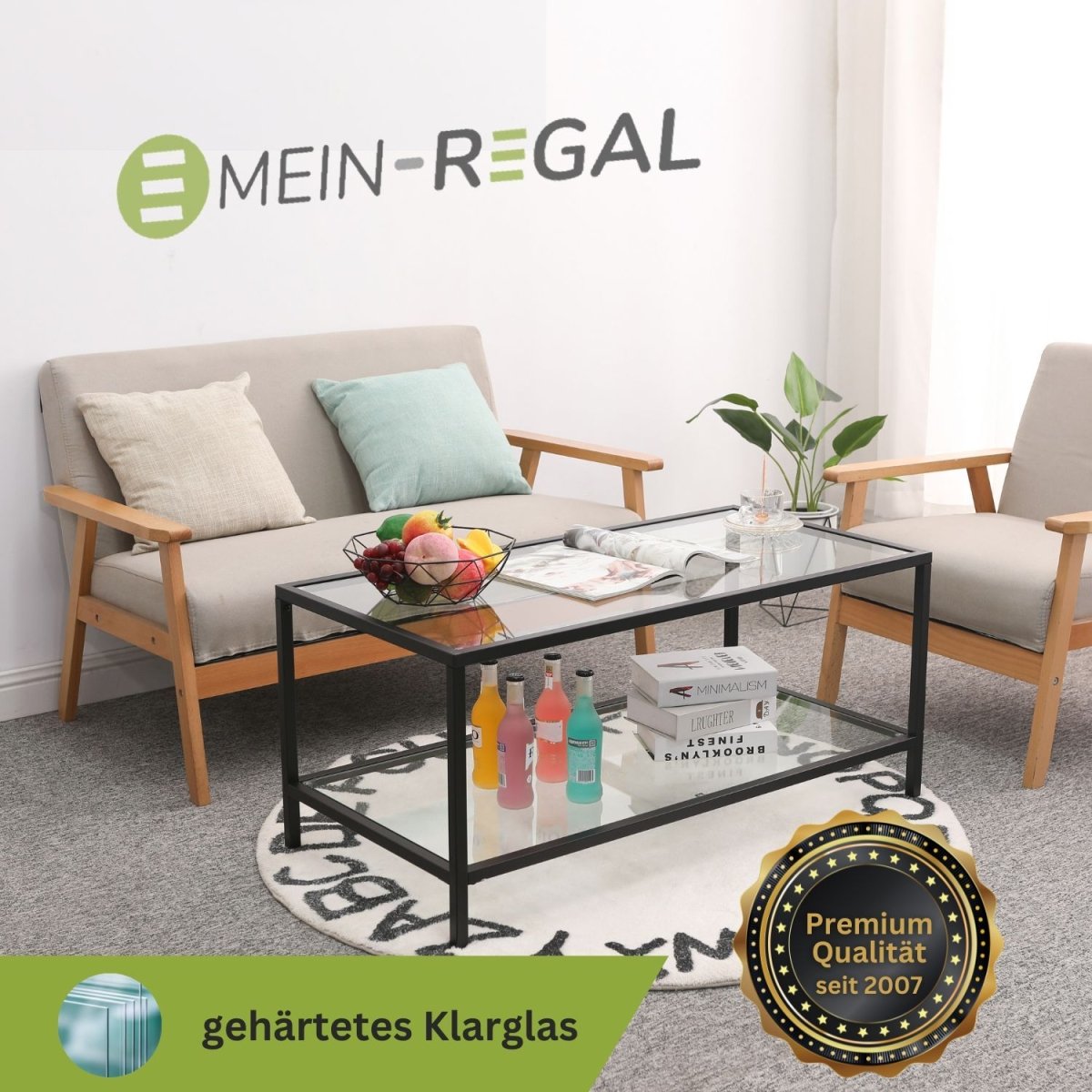 Mein-Regal Couchtisch Glasgow aus Metall mit Glasoberfläche und Ablagefach - Mein-Regal.de