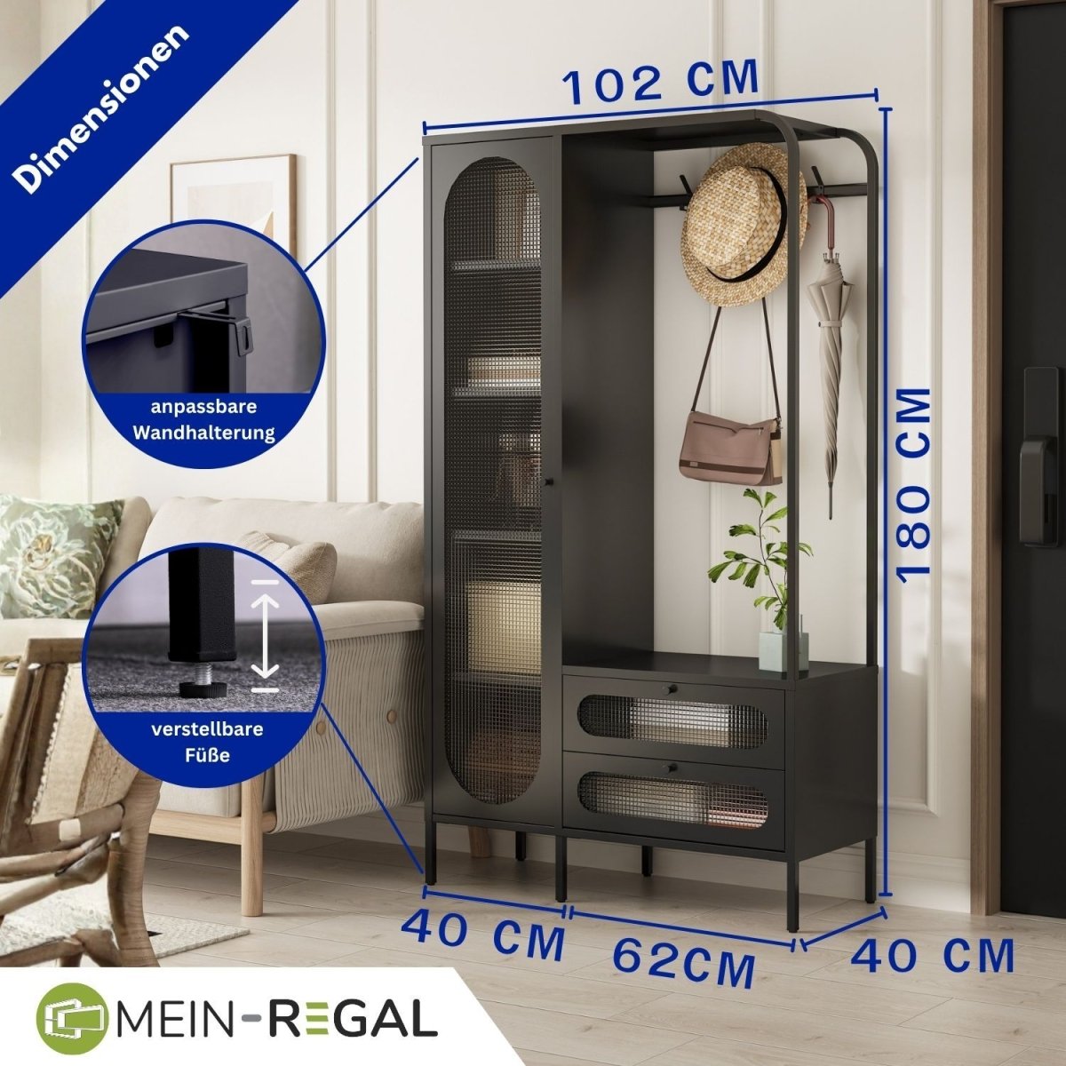 Mein-Regal Garderobenschrank Paris aus Metall mit 2 Schubladen und 1 Glastüre