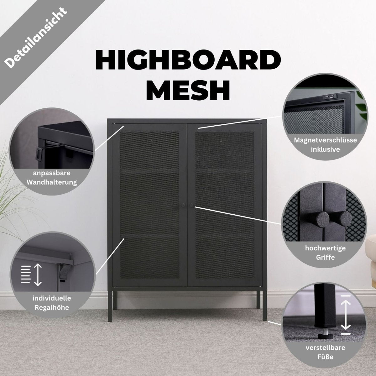 Mein-Regal Highboard Mesh aus Metall mit Meshtüren - Mein-Regal.de