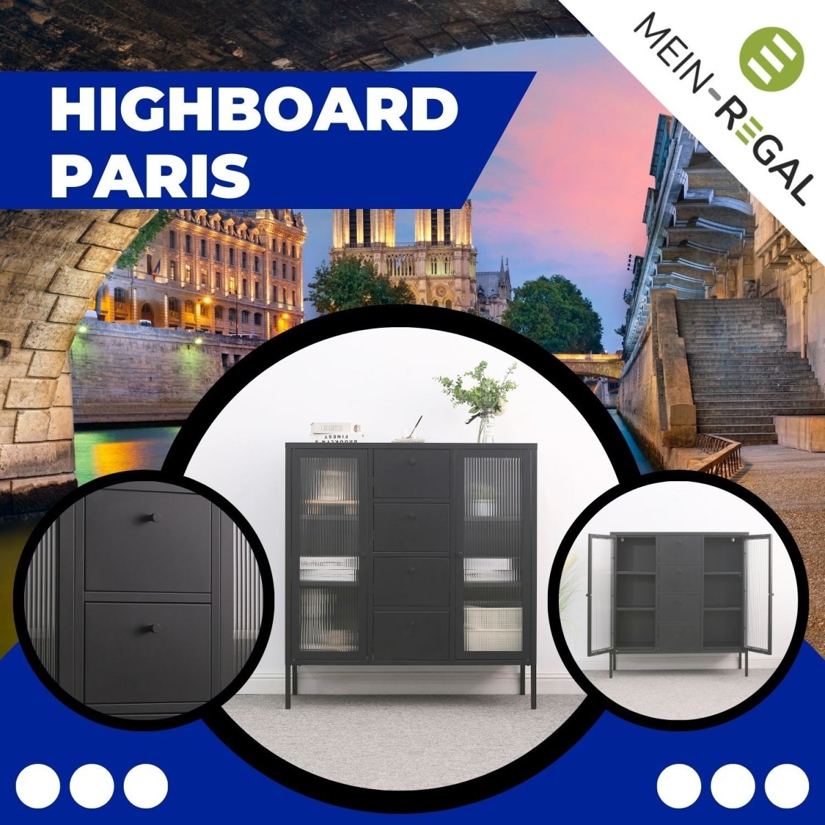 Mein - Regal Highboard Paris aus Metall mit 4 Schubladen und Glastüren - Mein - Regal.de