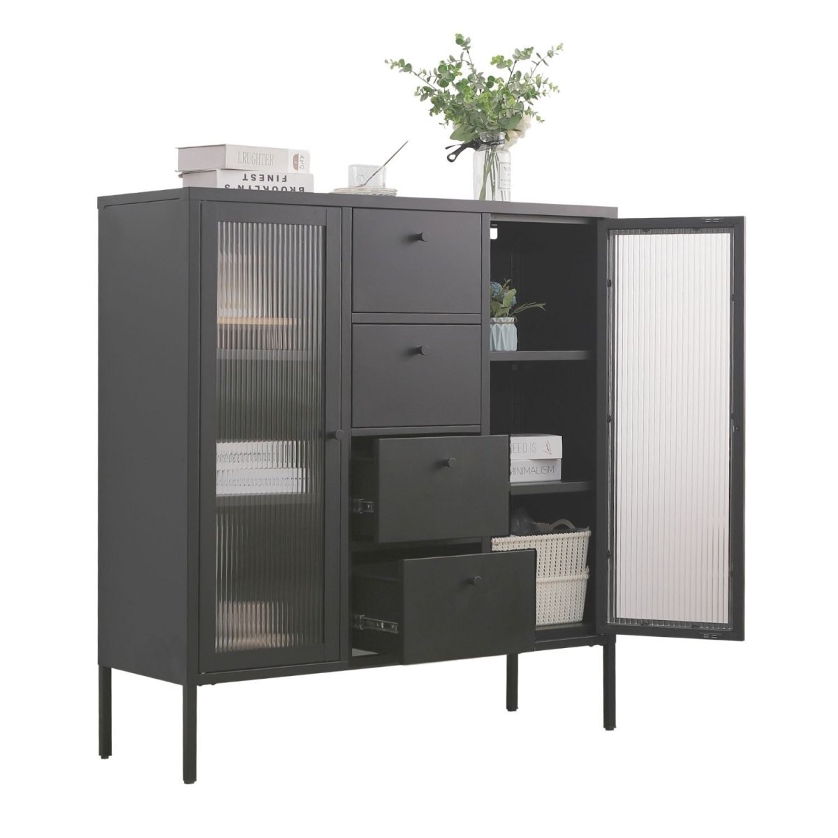 Mein - Regal Highboard Paris aus Metall mit 4 Schubladen und Glastüren - Mein - Regal.de