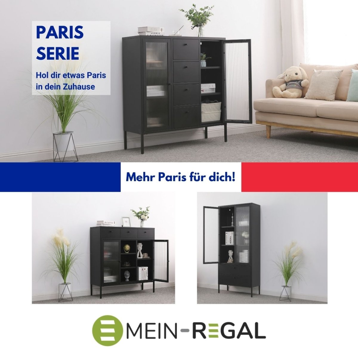 Metallmöbel Serie Paris in Schwarz. Obere Hälfte des Bildes ein Highboard im Zimmer stehen mit Zimmerpflanze und Sofa. Untere Hälfte des Bildes mit zwei weiteren Artikeln der Serie.