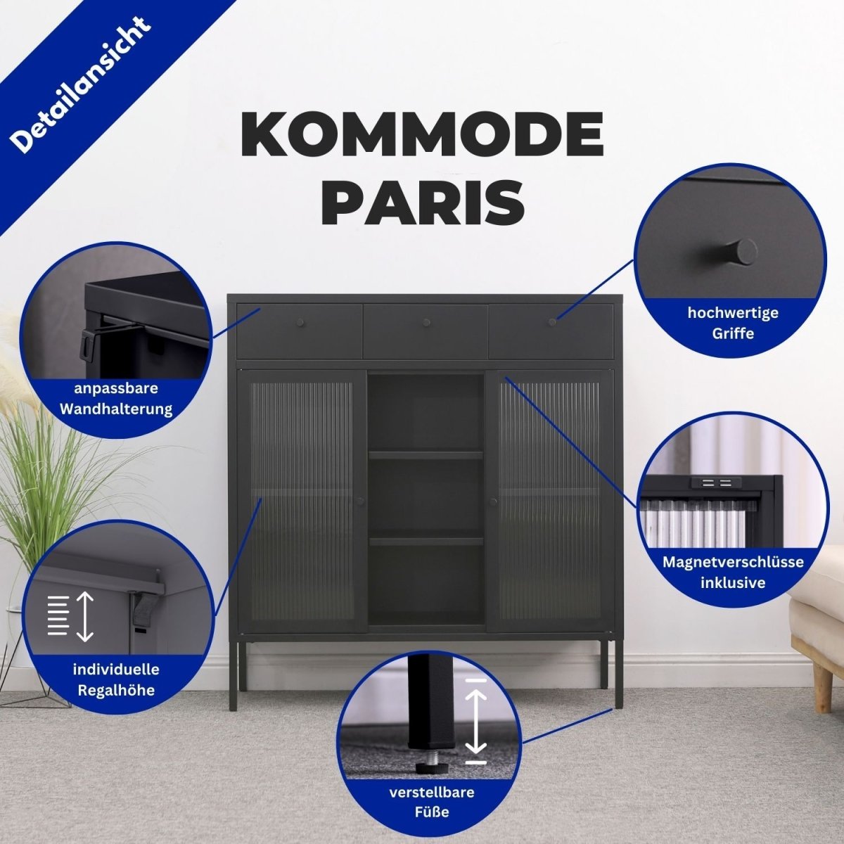 Kommode Paris Schwarz aus Metall mit runden, gezoomten Detailbildern im Zimmer. Daneben eine Zimmerpflanze. Eine Ecke vom Sofa ist zu sehen.