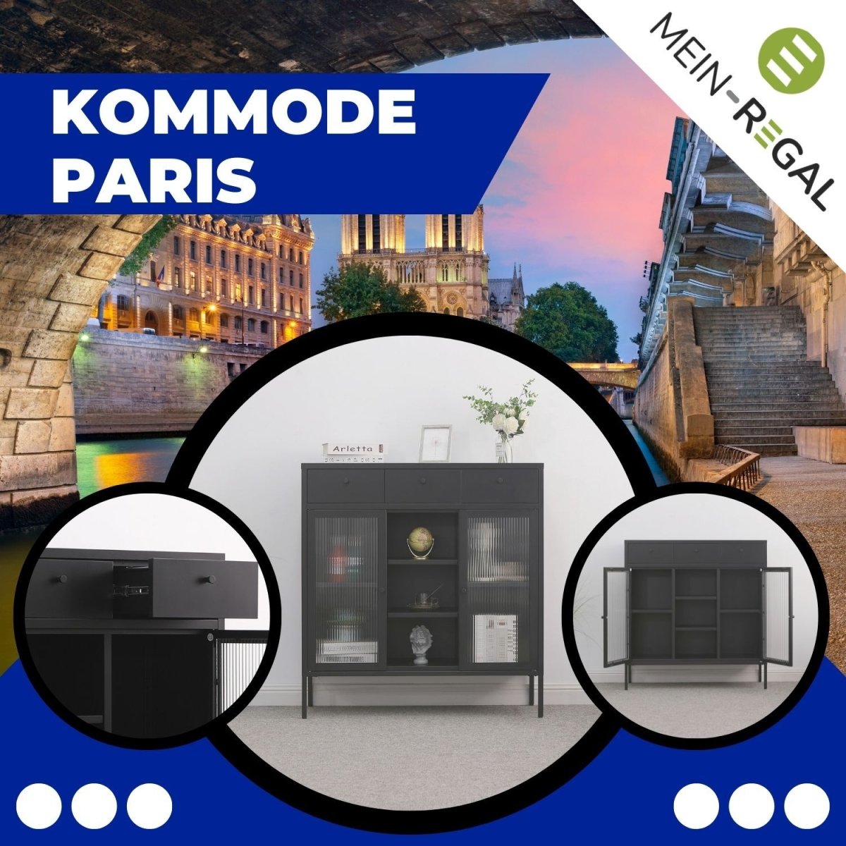 Metallkommode Paris Schwarz mit Detailansicht der Türgriffe und der geöffneten Vitrine ohne Inhalt. Auf dem Hintergrundbild sind Gebäude aus Paris zu sehen.