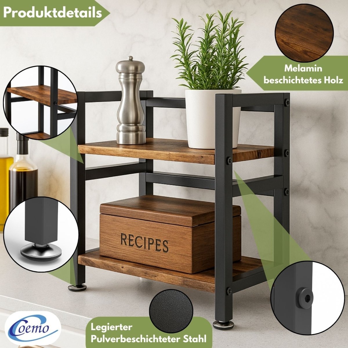 Mein-Regal kompaktes Küchenregal Vintage aus Holz mit Metallrahmen