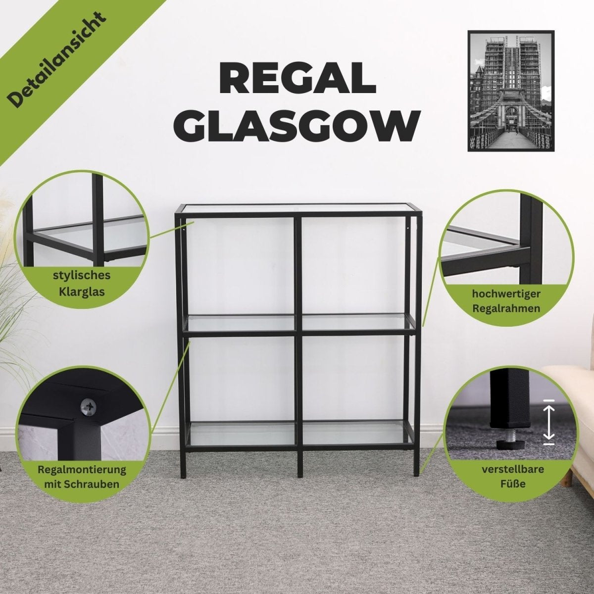 Mein - Regal Regal Glasgow aus Metall mit Glaseinlegeboden und 2 Etagen - Mein - Regal.de