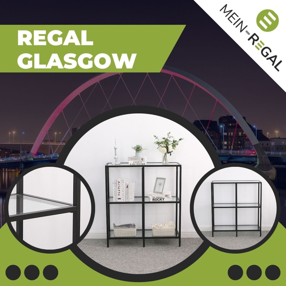 Mein - Regal Regal Glasgow aus Metall mit Glaseinlegeboden und 2 Etagen - Mein - Regal.de