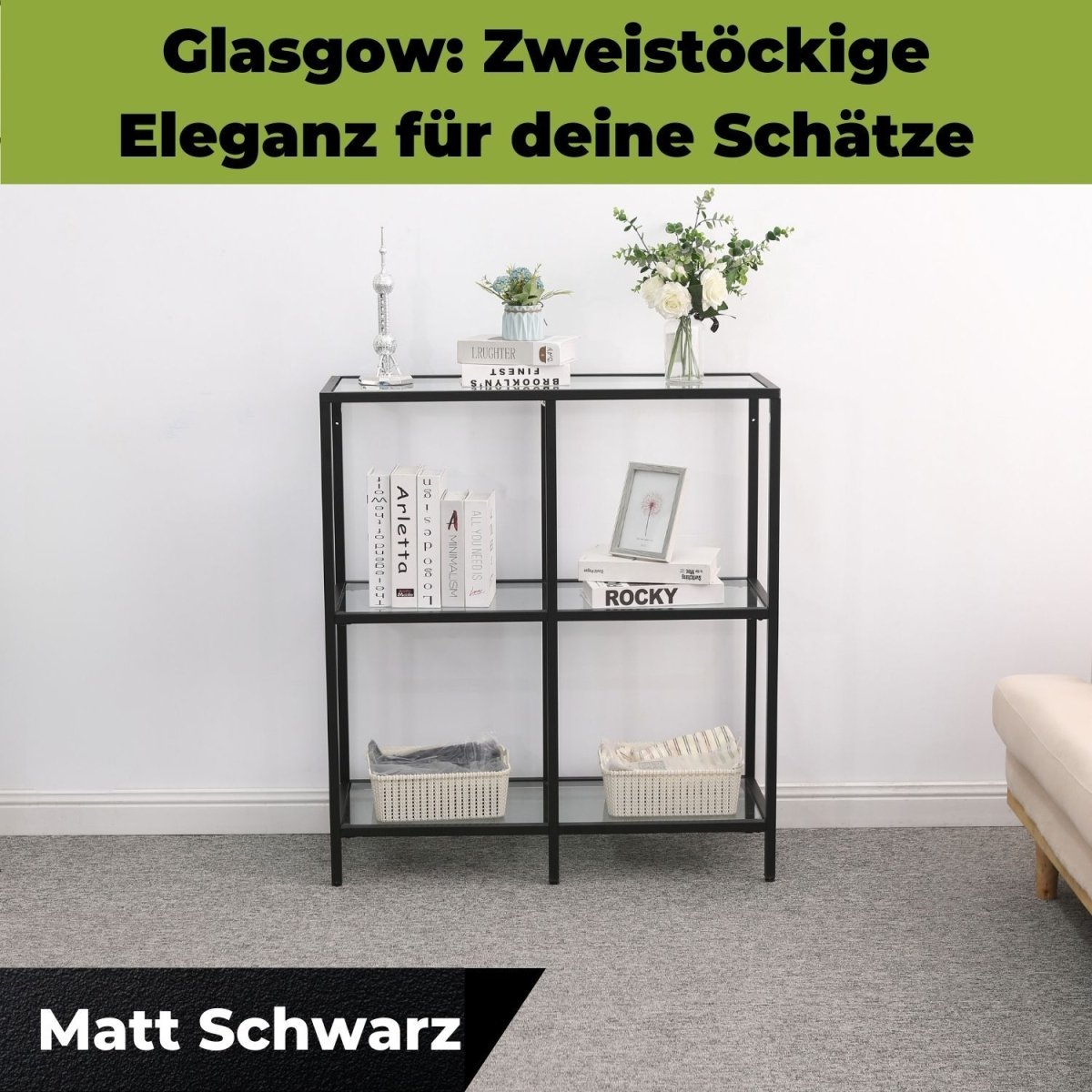 Mein - Regal Regal Glasgow aus Metall mit Glaseinlegeboden und 2 Etagen - Mein - Regal.de