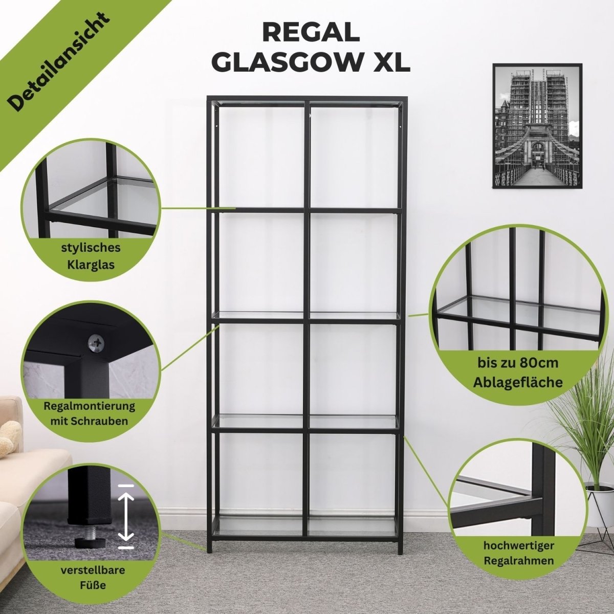 Mein-Regal Regal Glasgow XL aus Metall mit Glasoberfläche und 4 Etagen - Mein-Regal.de