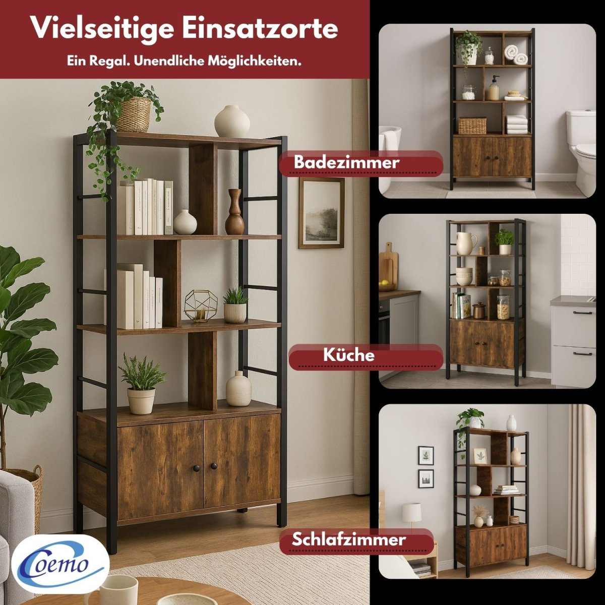 Mein-Regal Regal Vintage 74x30x155 cm mit 7 Fächern & 2 Türen Schrankelement aus Metall & Holz