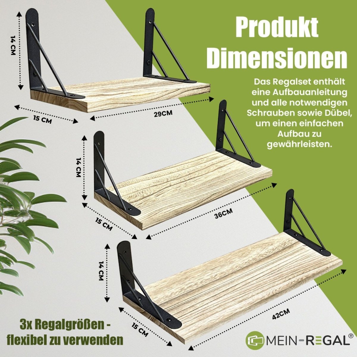 Mein - Regal Wandregal Sam Set 3 Stk. aus Holz, 3 verschiedene Größen - Mein - Regal.de