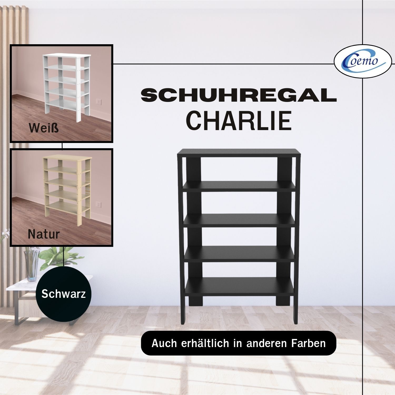 Schuhregal Charlie in Farbvarianten Schwarz Weiß und Natur