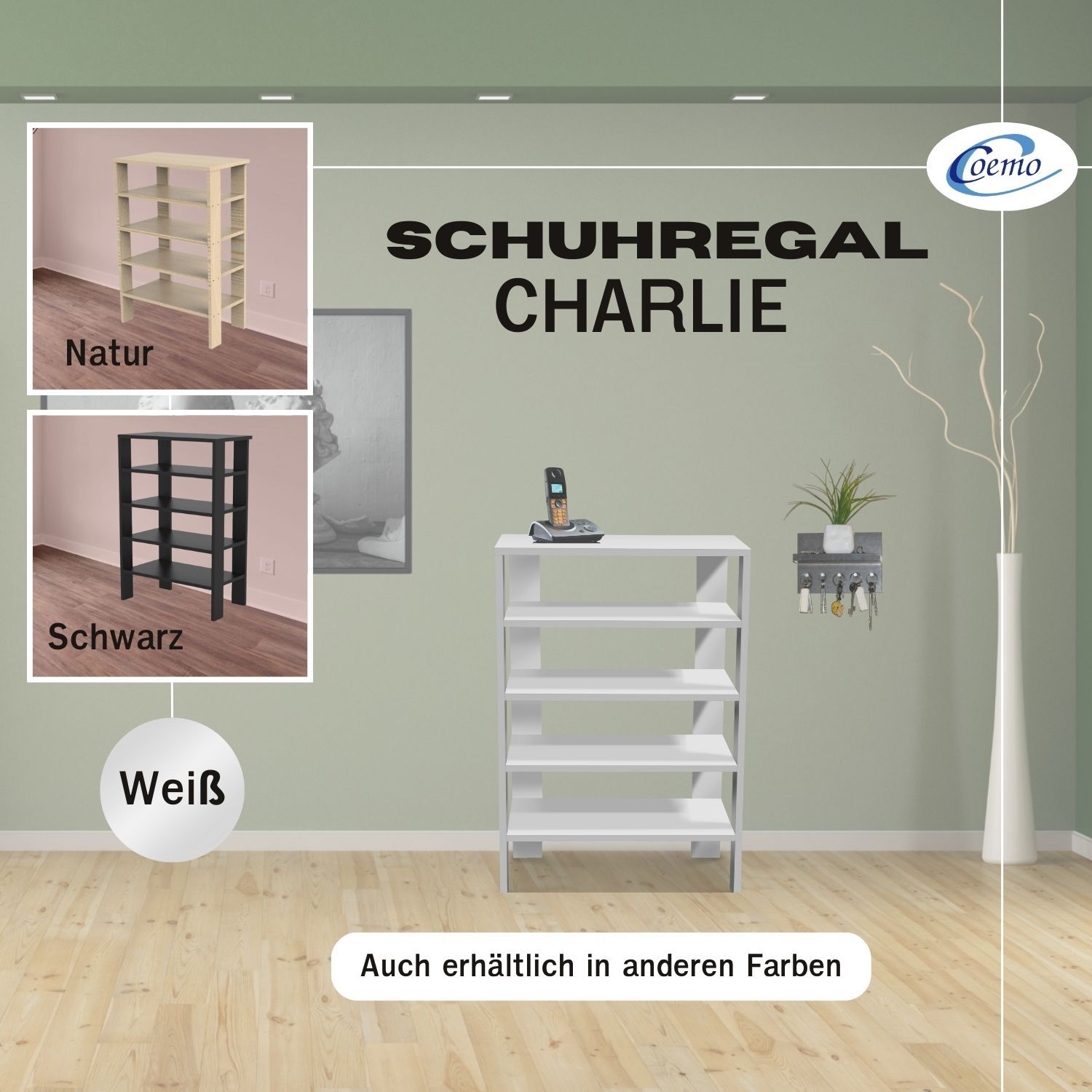 Schuhregal Charlie in Farbvariationen Schwarz Weiß und Natur