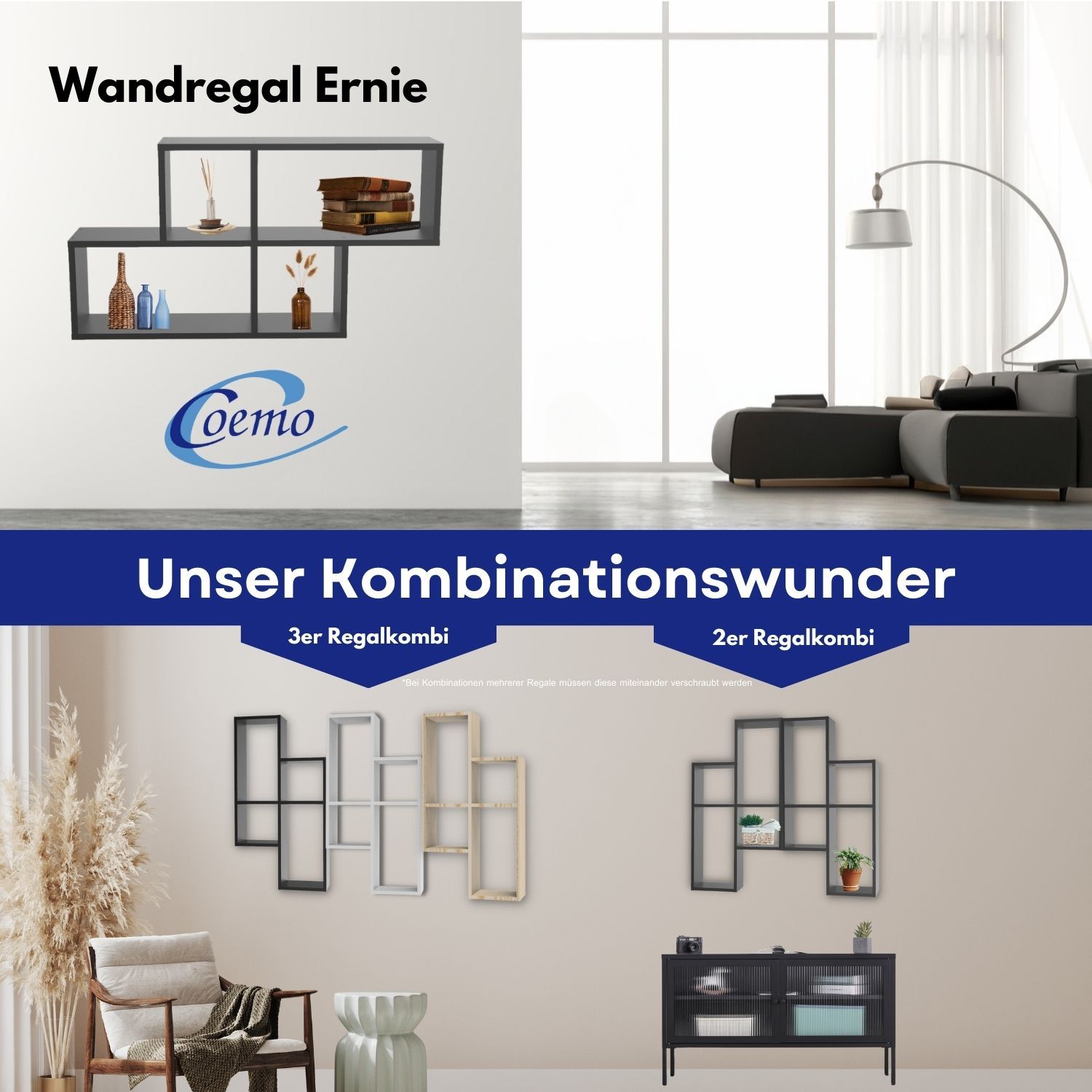 Coemo Wandregal Ernie aus Holz MDF, 4 Fächer vertikal versetzt